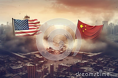 A dystopian illustration of the war between the US and China. Chinese and American flags over the destroyed and burning Cartoon Illustration