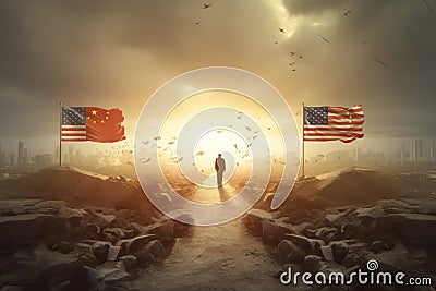 Dystopian image of the war between the US and China. Chinese and American flags over the destroyed and burning ground Cartoon Illustration