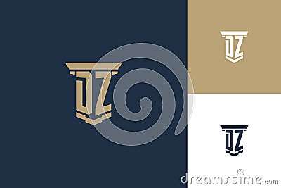 DZ monogram initials logo design with pillar icon. Attorney law logo design Vector Illustration