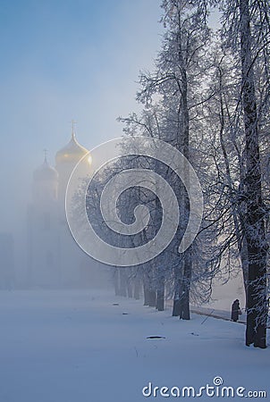 Dzerzhinsky, Russia - December, 2016: Ugresha Monastery in a foggy winter day Editorial Stock Photo
