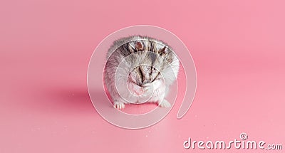 Dzhungarik hamster washes his face on a pink background, copy space Stock Photo