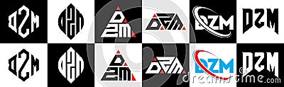 DZM letter logo design in six style. DZM polygon, circle, triangle, hexagon, flat and simple style with black and white color Vector Illustration