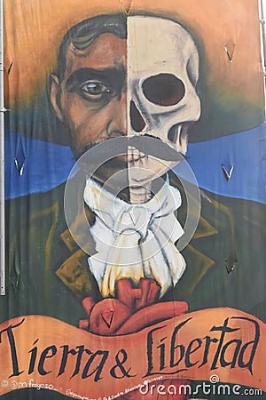 DÃ­a de Muertos Mural about a historic national hero Zapata theme in Center of Mexico City Zocalo by UNAM Editorial Stock Photo