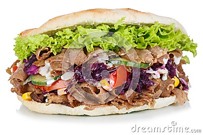 DÃ¶ner Kebab Doner Kebap fast food in flatbread isolated on a white background Stock Photo