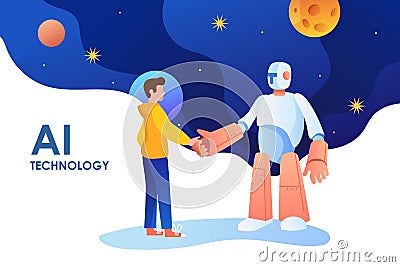 Man shakes hands with a robot. Artificial intelligence and future technology. AI. Vector Illustration