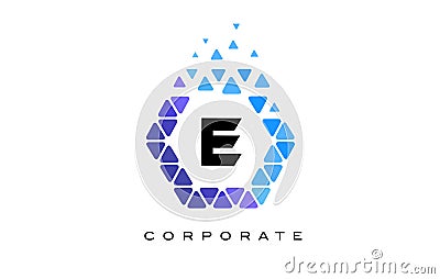 E Blue Hexagon Letter Logo with Triangles. Stock Photo