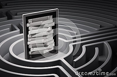 E-book readerr inside labyrinth maze, 3D rendering Stock Photo