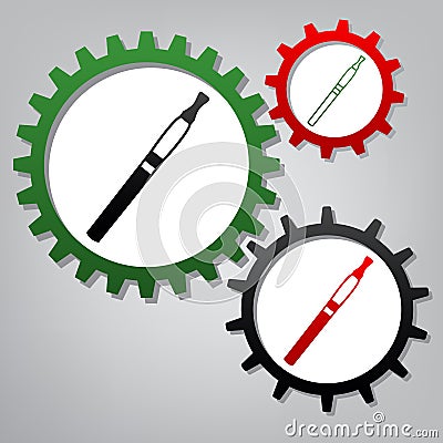 E-cigarette sign. Vector. Three connected gears with icons at gr Vector Illustration