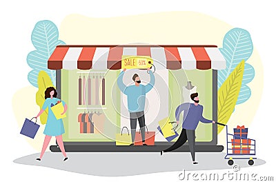 E-commerce application and shopping people with bags and gift,sale and discount concept Vector Illustration