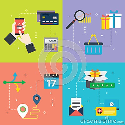 E-commerce, business, shopping basket, delivery and evalualition icons Vector Illustration