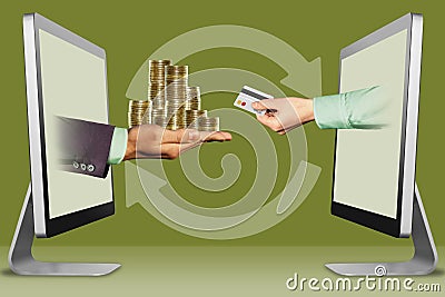 E-commerce buy coins concept, two hands from monitors. pile of coins and hand with credit card. 3d illustration Cartoon Illustration