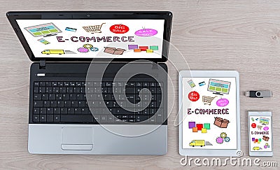 E-commerce concept on different information technology devices Stock Photo