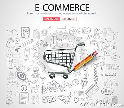 E-commerce Concept with Doodle design style Vector Illustration