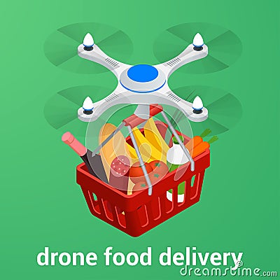 E-commerce concept order food online website. Drone delivery healthy food Vector Illustration