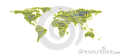 E-commerce concept on world map Cartoon Illustration