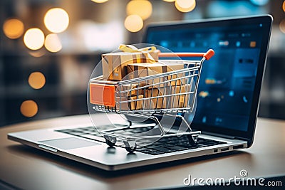 E-commerce convergence Laptop, cart, product packages depict online shopping, delivery essence. Stock Photo