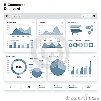 E-commerce dashboard displaying various data visualizations. Includes line graphs, Stock Photo