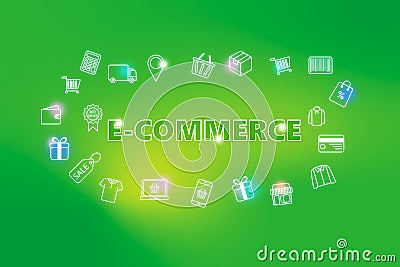 E-commerce - ecommerce web banner on green background. Various shopping icons Stock Photo