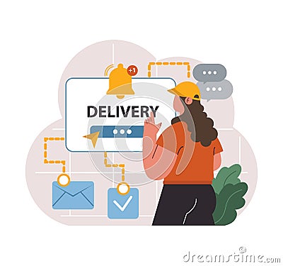 E-commerce. Female character shopping online. Woman purchasing Vector Illustration