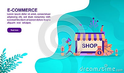 E Commerce illustration concept with character. Template for, banner, presentation, social media, poster, advertising, promotion Vector Illustration