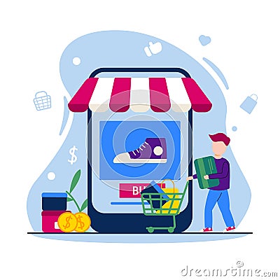 E commerce illustration - online shop concept in flat design - people shopping with trolly Vector Illustration