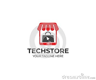 E-commerce logo template. Tablet store and shopping bag vector design Vector Illustration