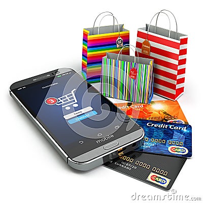 E-commerce. Online internet shopping. Mobile phone, shopping bag Stock Photo