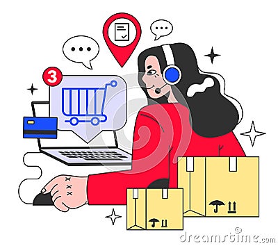 E-commerce. Online shopping, character purchasing goods on a website Vector Illustration