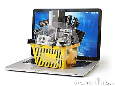 E-commerce online shopping or delivery concept. Home appliance in shopping cart on the laptop keyboard isolated on white. 3d Cartoon Illustration