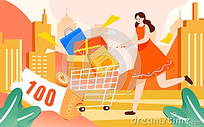 E-commerce shopping, girl pushing a shopping cart to buy items Vector Illustration