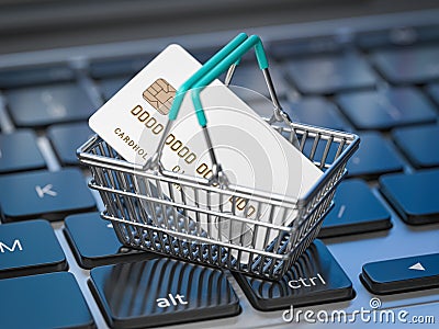 E-commerce, shopping online and internet purchases concept. Shopping basket with credit card on laptop keyboard Cartoon Illustration