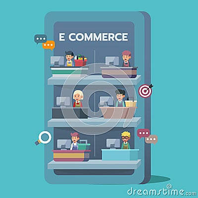 E commerce shopping online, Retailers or seller on mobile screen Vector Illustration