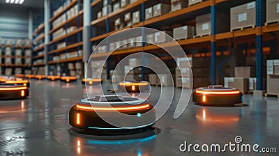 Ecommerce warehouse with autonomous robots sorting and packaging orders Stock Photo