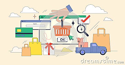 E-commerce website design programming tiny person neubrutalism concept Vector Illustration