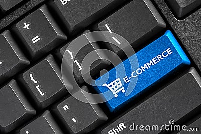 E-commerce word blue button on black keyboard computer, online store business concept Stock Photo