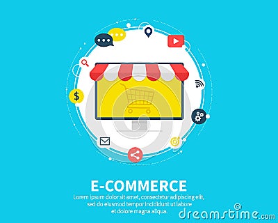 E-commerse online store. Business concept. Banner webpage design with shopping cart and sale items icons. Flat cartoon Vector Illustration