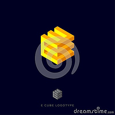 E cube yellow logo. Building Logo. 3D monogram. E cube yellow logo. Vector Illustration