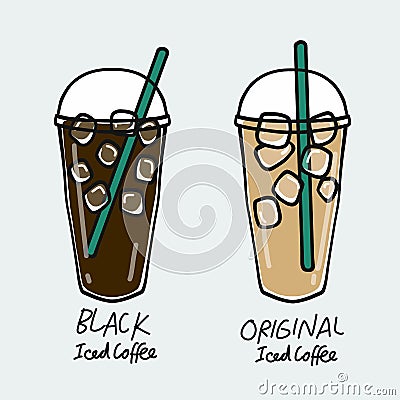 Black iced coffee cup and Original iced coffee cup cartoon illustration Vector Illustration