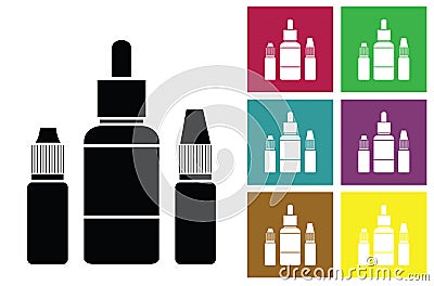 E-juice. Fluid for electronic cigarettes vector icon or color cards with bottles of liquid of electronic cigarettes. Vector Illustration