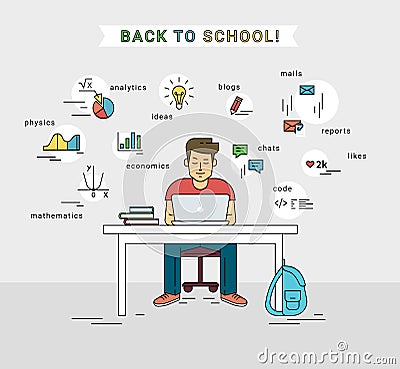 E-learning and back to school illustration of young guy using laptop Vector Illustration