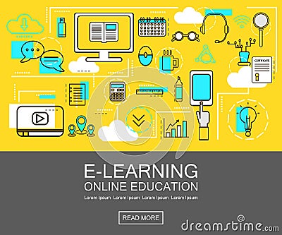 E-learning banner concept. Online Education. Thin Line icons. Vector Illustration. For web , network, site, social media. Vector Illustration