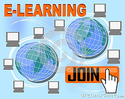 E-learning banner with group of computers around the globe, button join, hand pointer, Vector Illustration