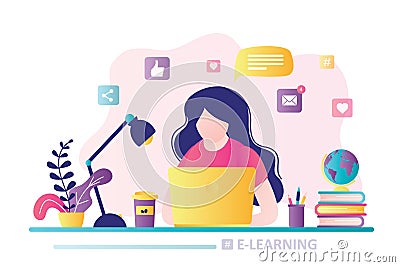 E-learning banner. Online education, home schooling. Modern workplace, Girl student working on laptop Vector Illustration