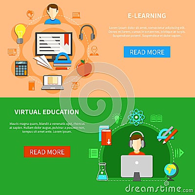 E Learning Banner Set Vector Illustration