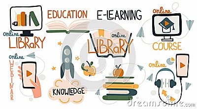 E-learning collection. Computer monitor, smartphone and student hat on screen, e-learning, internet tutorial and webinar, Vector Illustration
