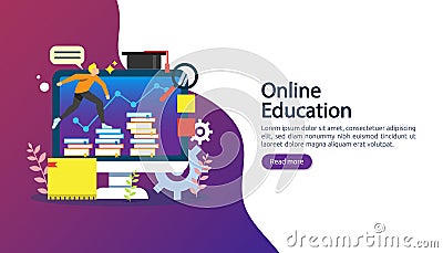 E-learning concept with computer, book and tiny people character in study process. E-book or online education. template for web Cartoon Illustration
