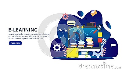 E-learning concept with computer, book and tiny people character in study process. E-book or online education. template for web Cartoon Illustration