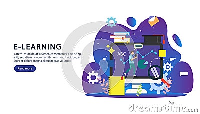 E-learning concept with computer, book and tiny people character in study process. E-book or online education. template for web Cartoon Illustration