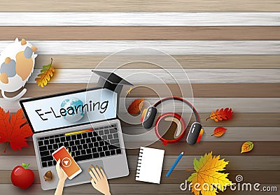 E-learning concept design of young woman using laptop computer Vector Illustration