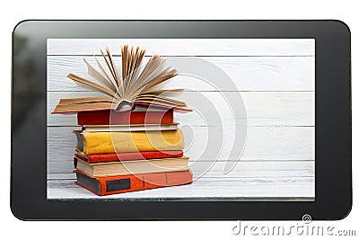E-learning concept. Digital library - books inside Stock Photo